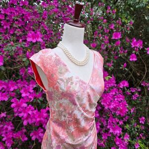 Adrianna Papell Dress Size 6 Pink Floral Sheath Midi Spring Textured Colorful